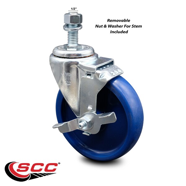 5 Inch Solid Polyurethane Wheel Swivel 1/2 Inch Threaded Stem Caster with Brake